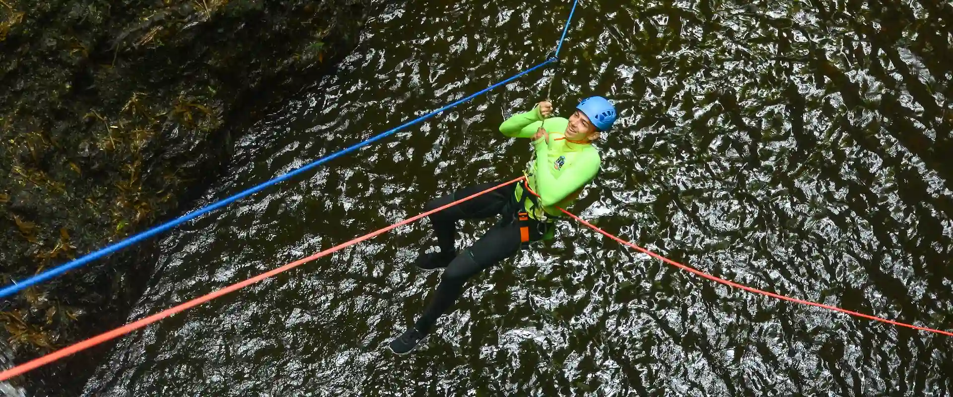 Rope systems and safety equipment on a canyon traverse in North Bali